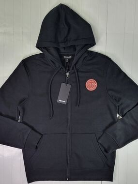 True Religion Men's Medium Black Zip-Up Hoodie with Red Logo Patch